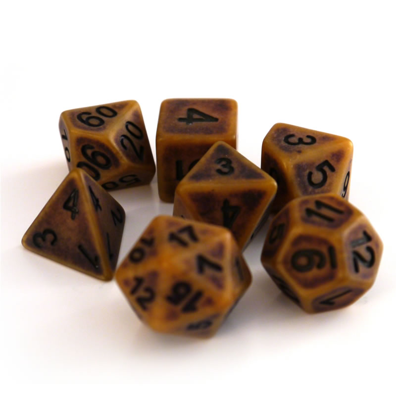 Wrfelset mit 7 Wrfeln in antiker Optik (Gold)