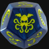 Cthulhu Dice Game mit blauem Wrfel und gelben Symbolen - Wrfelspiel