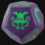 gigantischer Cthulhu Wrfel fr das Cthulhu Dice game in Grn auf Violettb.